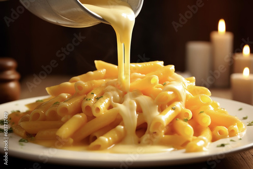 Close up of penne pasta pouring onto sauce on white plate in background of modern cafe or restaurant. Food concept of dish and meal.