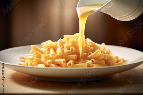 Close up of penne pasta pouring onto sauce on white plate in background of modern cafe or restaurant. Food concept of dish and meal.