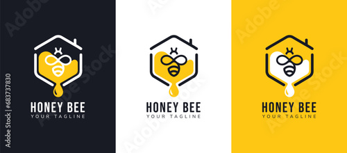 Honey bee house logo design, set of honey bee house with hexagonal honeycomb and honey drop design concept. Modern and minimalist Flat logo vector Illustration. photo