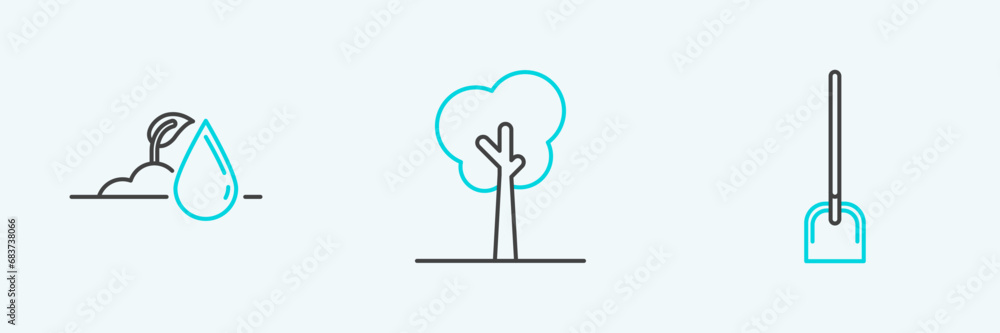 Set line Shovel, Watering sprout and Tree icon. Vector Set line Shovel, Watering sprout and Tree icon. Vector
