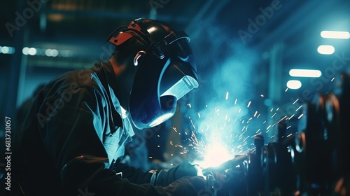 Industrial worker wearing protective clothing and welding mask in a factory. © meta