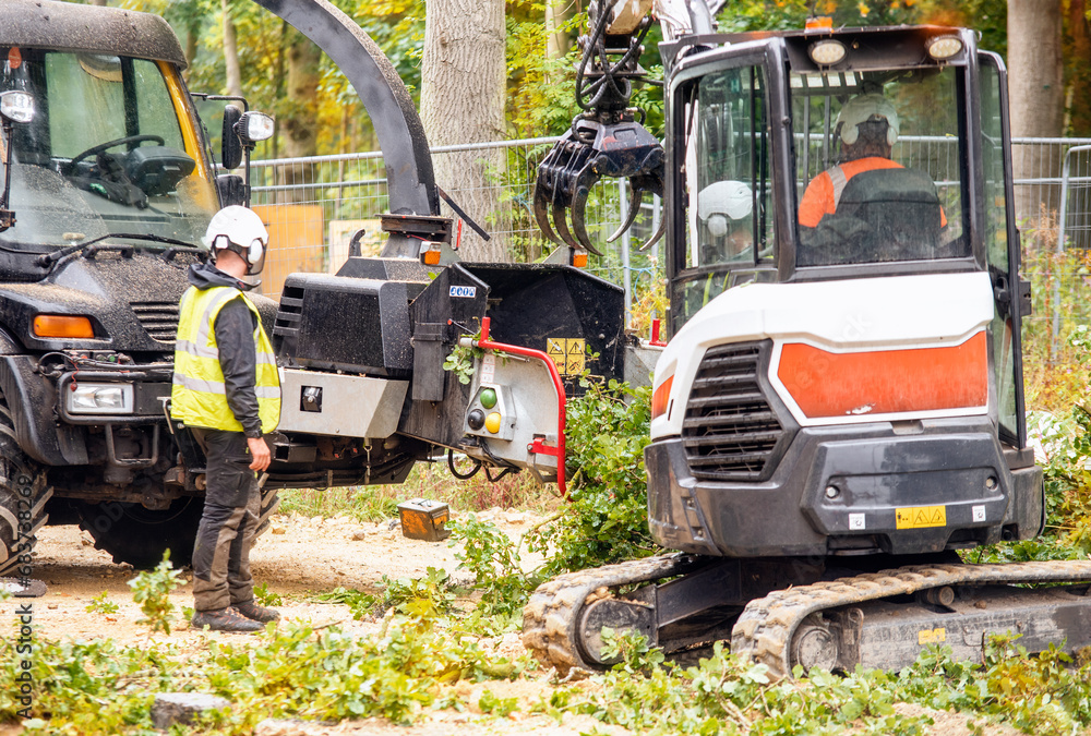 Arborist using a wood chipper machine for shredding trees and branches ...