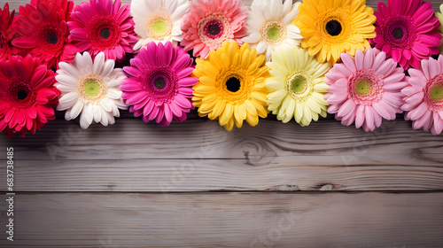 Gerbera daisy flower greeting card background for mother or womans day. Rustic style. Top view. Generative ai.