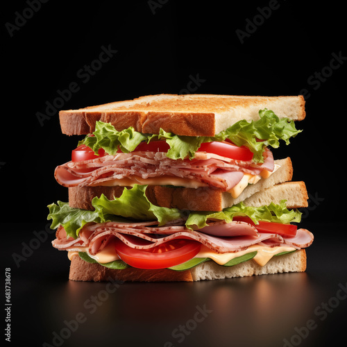 Sandwich with ham, cheese, tomatoes, lettuce, and toasted bread, on black background