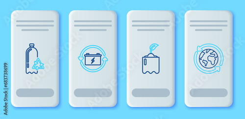 Set line Battery with recycle symbol, Sprout in bottle, Recycling plastic and Planet earth and recycling icon. Vector