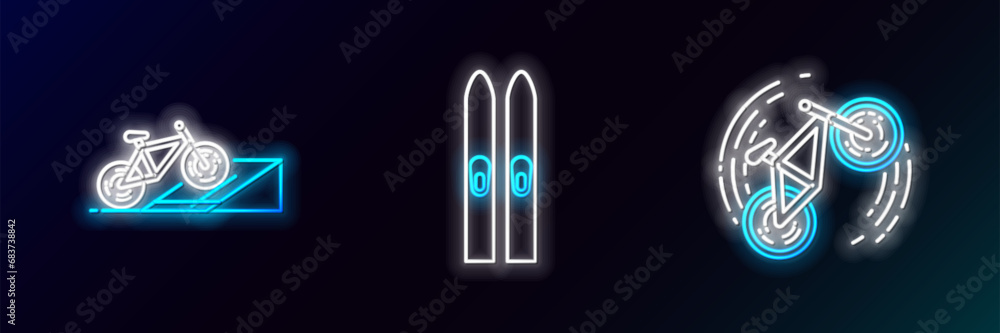 Set line Bicycle trick, on street ramp and Ski and sticks icon. Glowing neon. Vector Set line Bicycle trick, on street ramp and Ski and sticks icon. Glowing neon. Vector