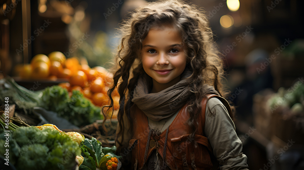 A little girl with curly hair at the vegetable market A little girl with curly hair at the vegetable market