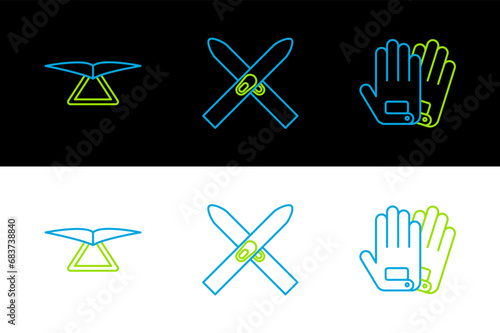 Set line Gloves, Hang glider and Ski and sticks icon. Vector