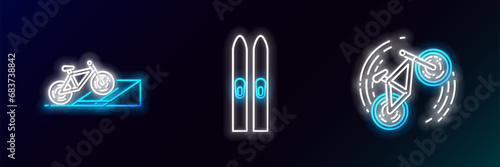Set line Bicycle trick, on street ramp and Ski and sticks icon. Glowing neon. Vector
