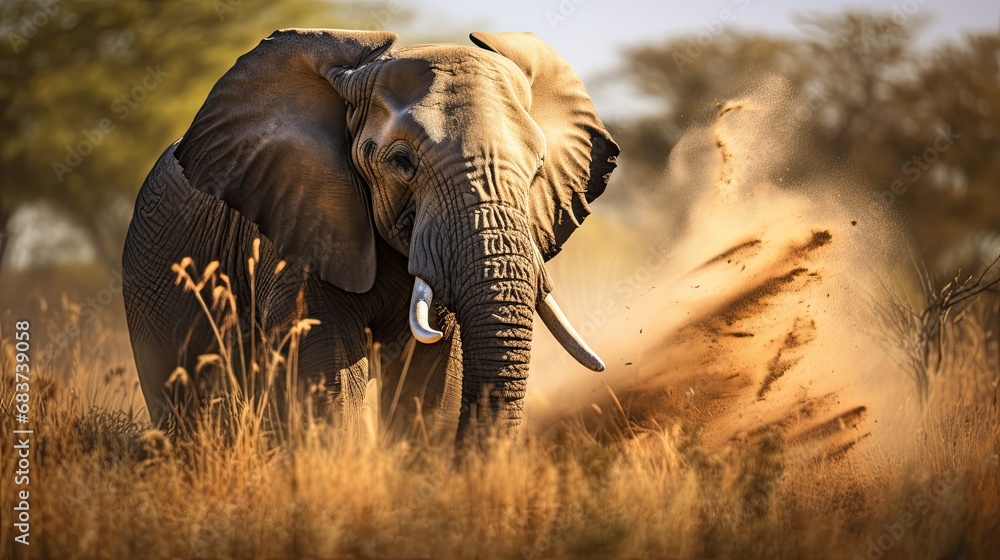 elephant with raised running across a grass field, wildlife photography