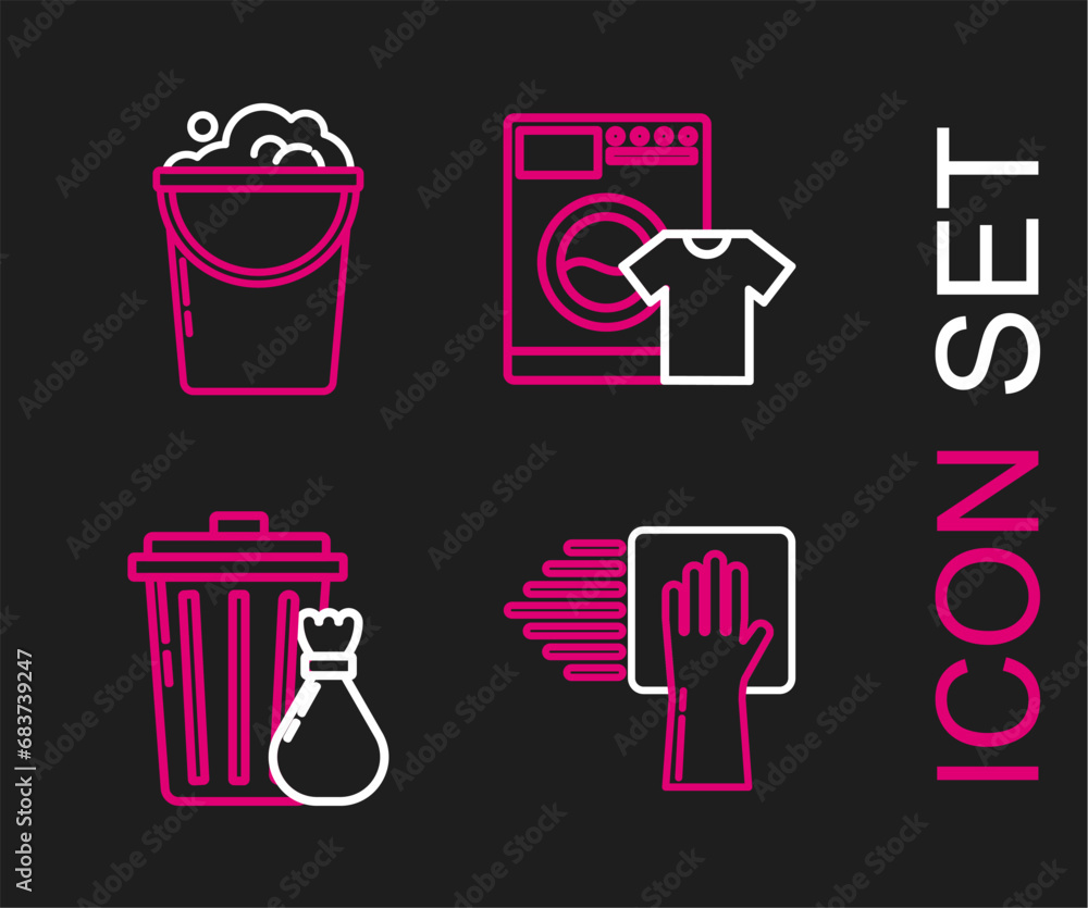 Set line Cleaning service, Trash can and garbage bag, Washer t-shirt and Bucket with foam bubbles icon. Vector Set line Cleaning service, Trash can and garbage bag, Washer t-shirt and Bucket with foam bubbles icon. Vector