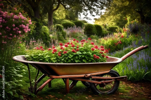 A serene and artistically framed shot highlighting the charm of a garden wheelbarrow. 