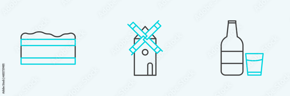 Set line Glass bottle with milk and glass, Brownie chocolate cake and Windmill icon. Vector Set line Glass bottle with milk and glass, Brownie chocolate cake and Windmill icon. Vector