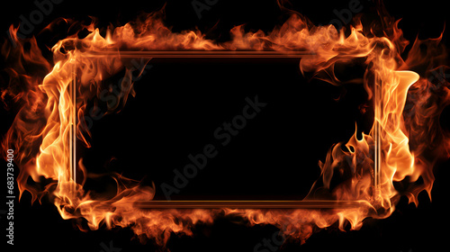 Rectangular frame made of burning flames fire in the shape of a rectangle, isolated on black background, generative ai
