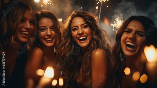 Happy smilling rich women in brilliants and luxury dresses celebrating with champagne Christmas New Year Birthday, friends in nightclub bar, Christmas Xmas Birthday party celebration concept photo