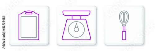 Set line Kitchen whisk, Cutting board and Scales icon. Vector