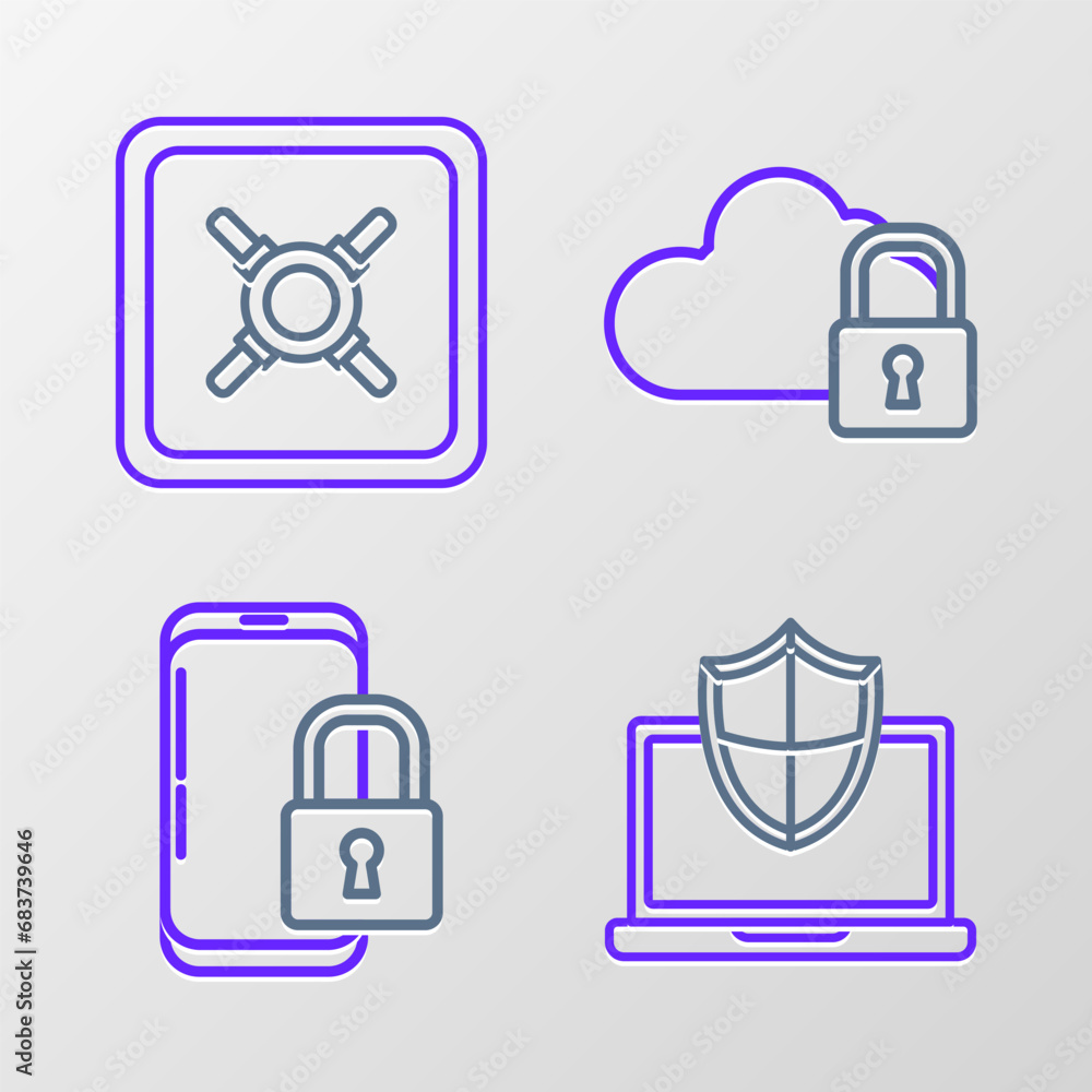 Set line Laptop protected with shield, Smartphone closed padlock, Cloud computing and Safe icon. Vector