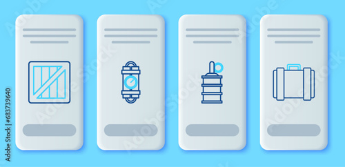 Set line Detonate dynamite bomb stick and timer clock, Hand grenade, Military ammunition box and icon. Vector