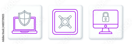 Set line Lock on computer monitor screen, Laptop protected with shield and Safe icon. Vector