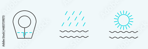 Set line Sun and waves, Diving hood and Rain icon. Vector