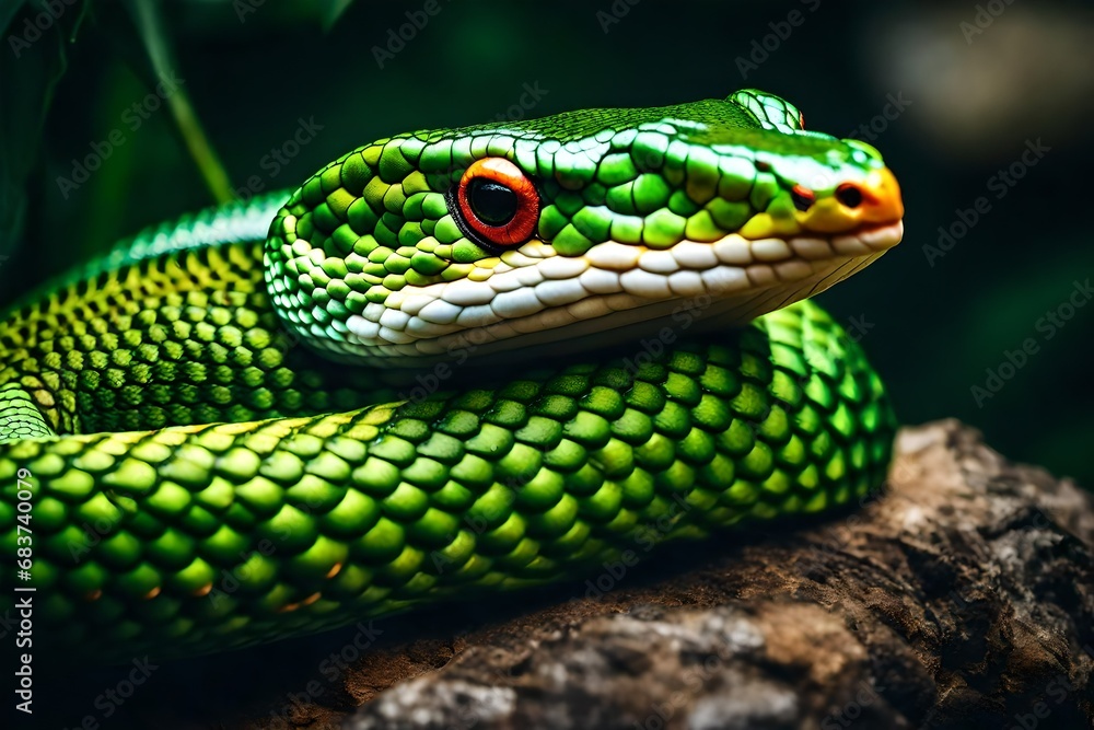 Fototapeta premium bamboo pit viper, hyperrealistic, 8k, DSLR, HDR, vibrant, fierce, angry, intricate details, background is blurr. 
