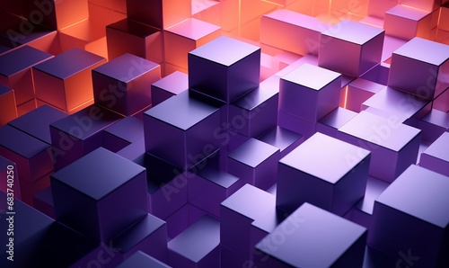 Neatly Constructed Glossy Cubes. Violet and Orange, Innovative Tech Background. 3D Render, Generative AI