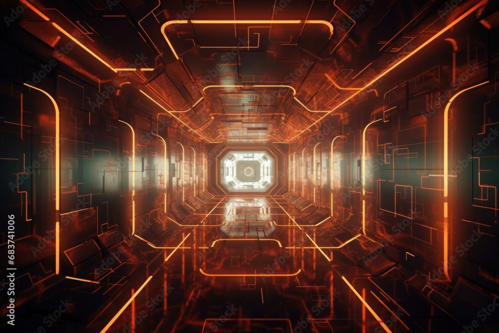 Futuristic Metaverse Tunnel with Polygon Shapes and Circuit Boards. Generative AI