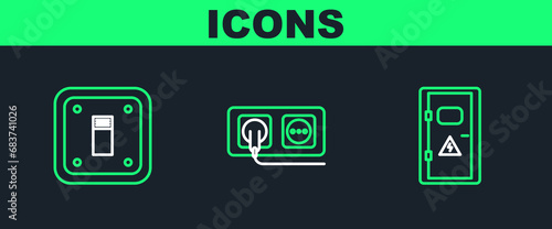 Set line Electrical cabinet, light switch and outlet icon. Vector