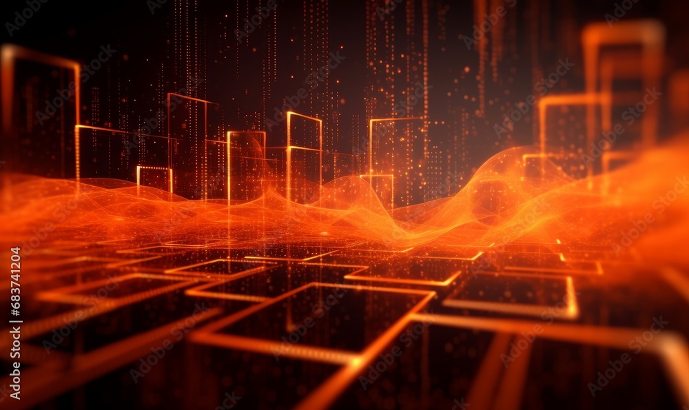 Big Data Concept. Orange, Futuristic Digital Style. 3D Render, Generative AI