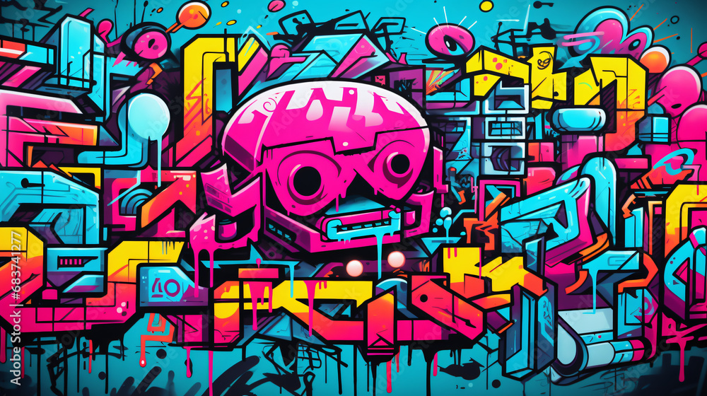 Cyberpunk style graphics. Graffiti background.