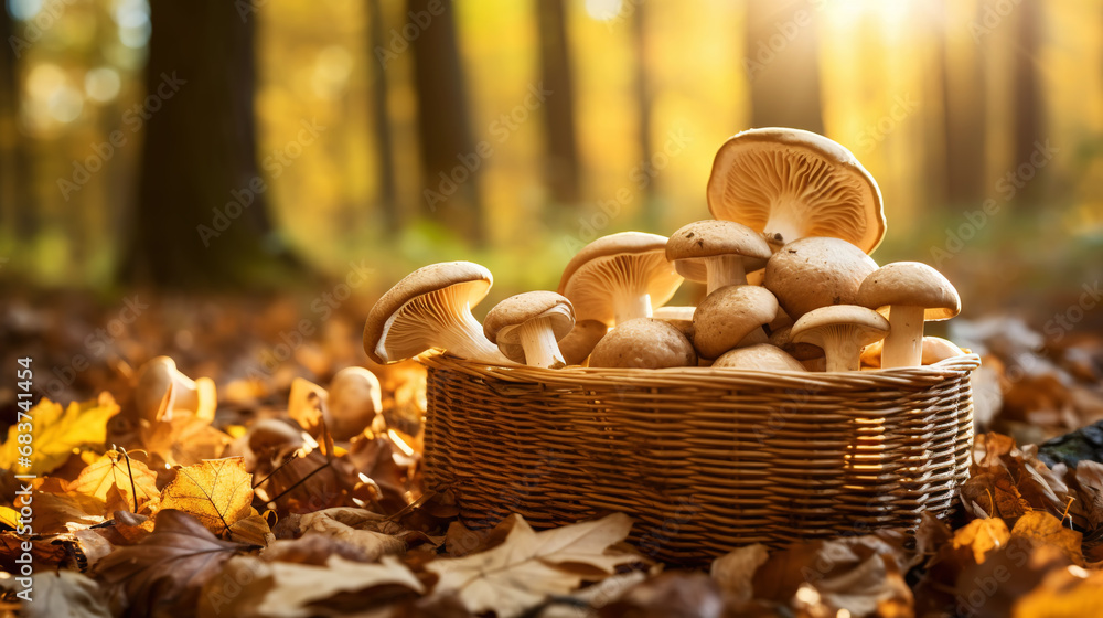 Porcini mushrooms in a wooden basket on a blurred background of the autumn forest. Generative AI Porcini mushrooms in a wooden basket on a blurred background of the autumn forest. Generative AI