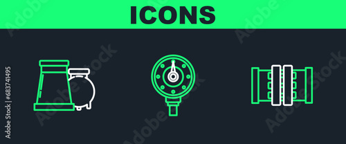 Set line Industry metallic pipes and valve, Oil gas industrial factory building and Motor gauge icon. Vector