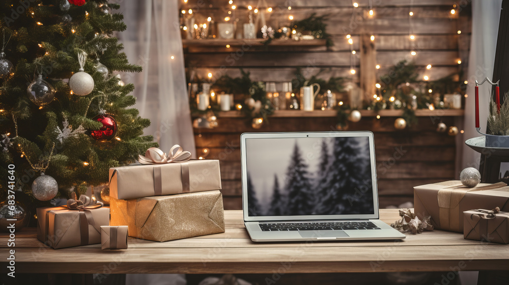 Christmas tree with gifts and laptop,  Christmas winter decoration, open screen with Xmas theme, copy space, banner advert