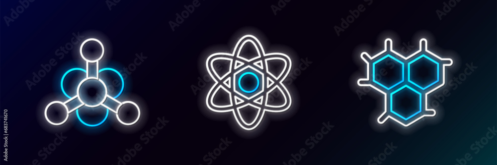 Set line Chemical formula, Bacteria and Atom icon. Glowing neon. Vector Set line Chemical formula, Bacteria and Atom icon. Glowing neon. Vector