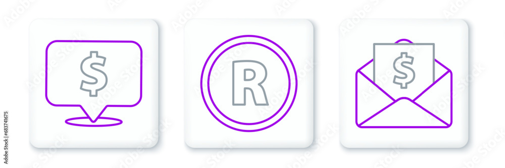 Set line Envelope with coin dollar, Speech bubble and Registered Trademark icon. Vector Set line Envelope with coin dollar, Speech bubble and Registered Trademark icon. Vector