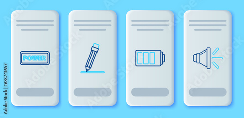Set line Pencil with eraser, Battery charge level indicator, Power button and Speaker volume icon. Vector
