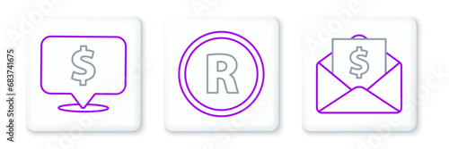 Set line Envelope with coin dollar, Speech bubble and Registered Trademark icon. Vector