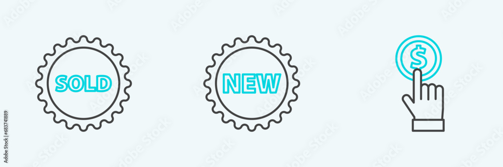 Set line Hand holding coin, Sold label and Price tag with New icon. Vector Set line Hand holding coin, Sold label and Price tag with New icon. Vector