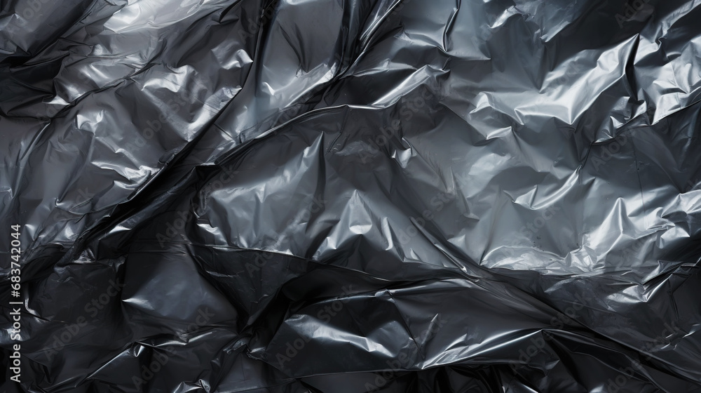 Transparent wrinkled plastic wrap on black background. Crumpled dark thin plastic backdrop. Generative AI