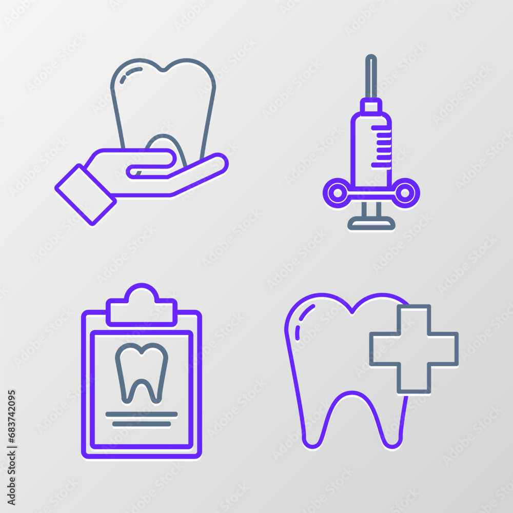 Set line Dental clinic for dental care tooth, Clipboard with card, medical syringe and Tooth icon. Vector Set line Dental clinic for dental care tooth, Clipboard with card, medical syringe and Tooth icon. Vector