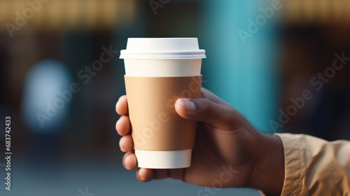Hand holding paper cup take away coffee
