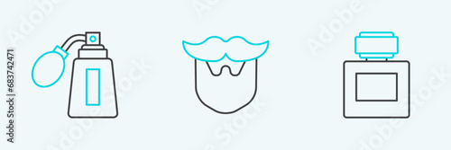 Set line Aftershave, bottle with atomizer and Mustache and beard icon. Vector