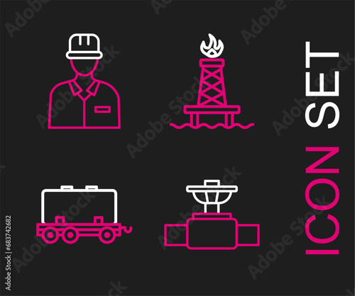 Set line Industry pipe and valve, Oil railway cistern, rig with fire and Oilman icon. Vector