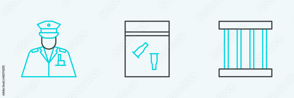 Set line Prison window, Police officer and Evidence bag and bullet icon. Vector Set line Prison window, Police officer and Evidence bag and bullet icon. Vector