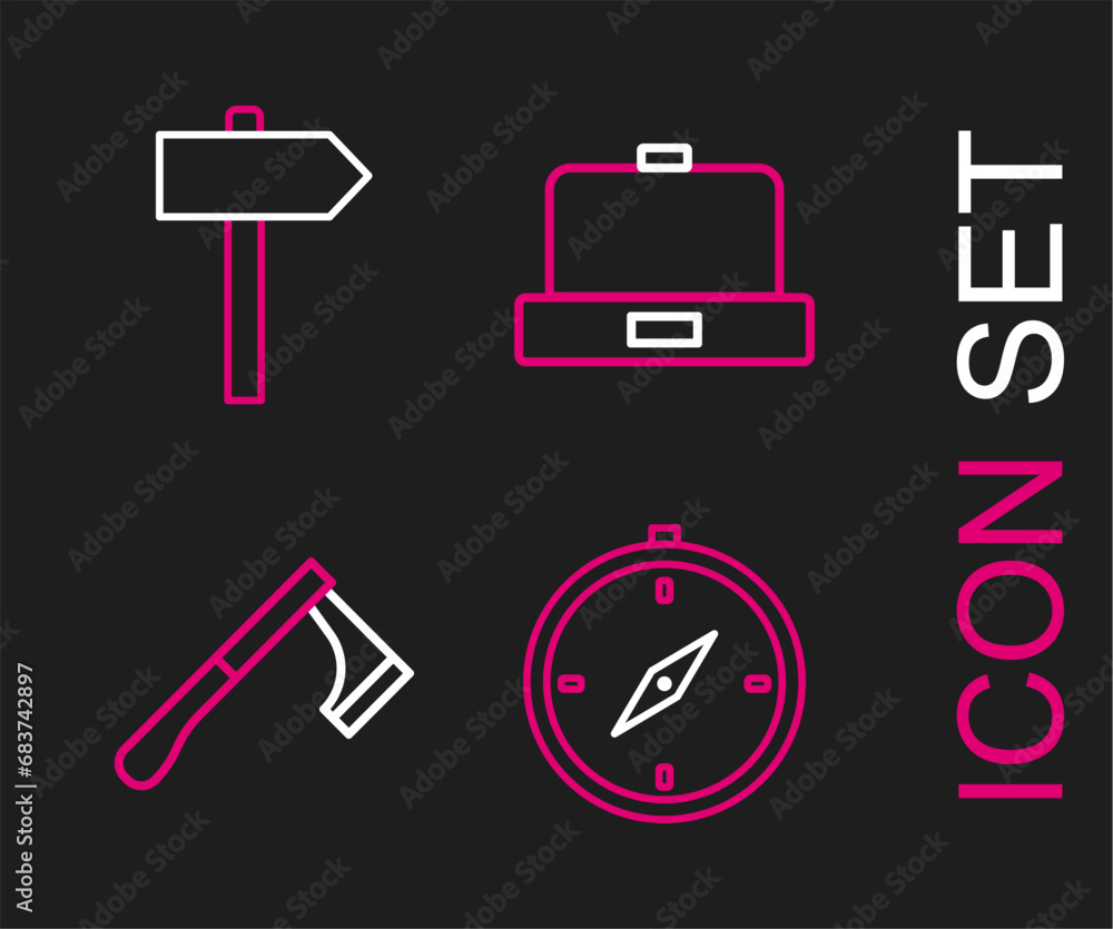 Set line Compass, Wooden axe, Beanie hat and Road traffic signpost icon. Vector Set line Compass, Wooden axe, Beanie hat and Road traffic signpost icon. Vector