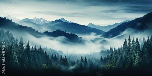 Misty mountain landscape with fir forest in vintage retro style. Generative AI photo