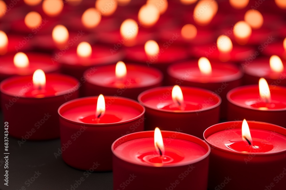 An array of vibrant red tealight candles illuminates the space with a warm, ambient glow. The soft flicker of the tiny flames creates an atmosphere of tranquility and comfort, perfect for moments of An array of vibrant red tealight candles illuminates the space with a warm, ambient glow. The soft flicker of the tiny flames creates an atmosphere of tranquility and comfort, perfect for moments of