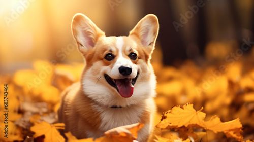 Happy Corgi dog on Autumn nature