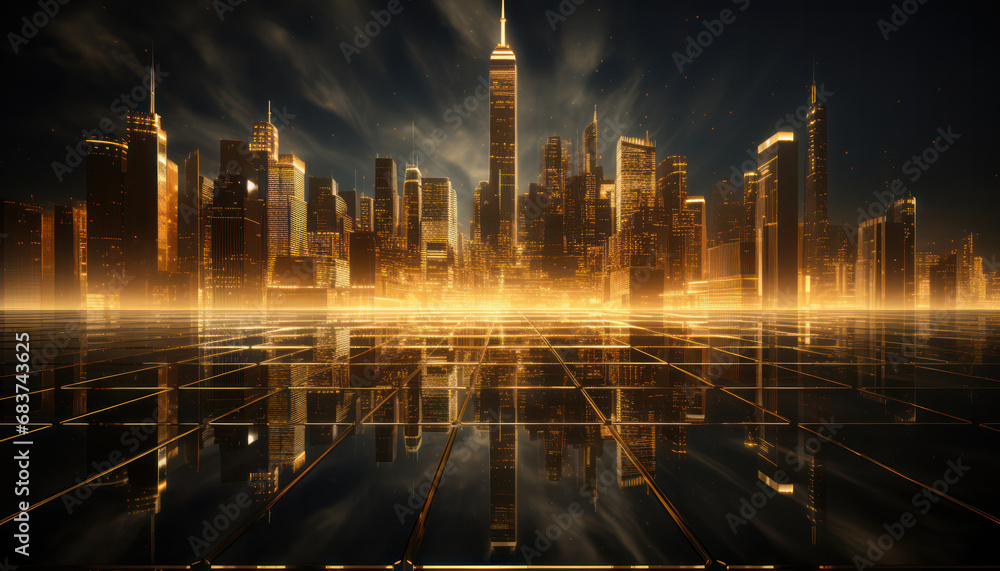 A digital city with golden skyscrapers and lights, accompanied by an economic chart, Generative AI