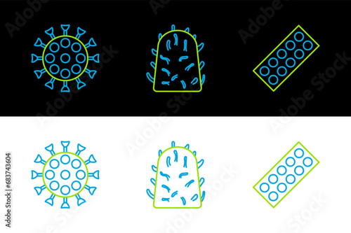 Set line Pills in blister pack, Virus and Rabies virus icon. Vector